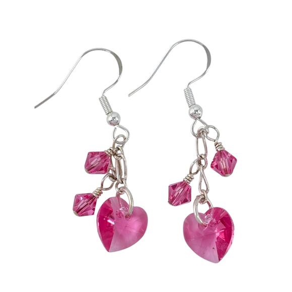 Estate Sterling Silver 925 Pink Crystal Dangle Earrings - Picture 6 of 8